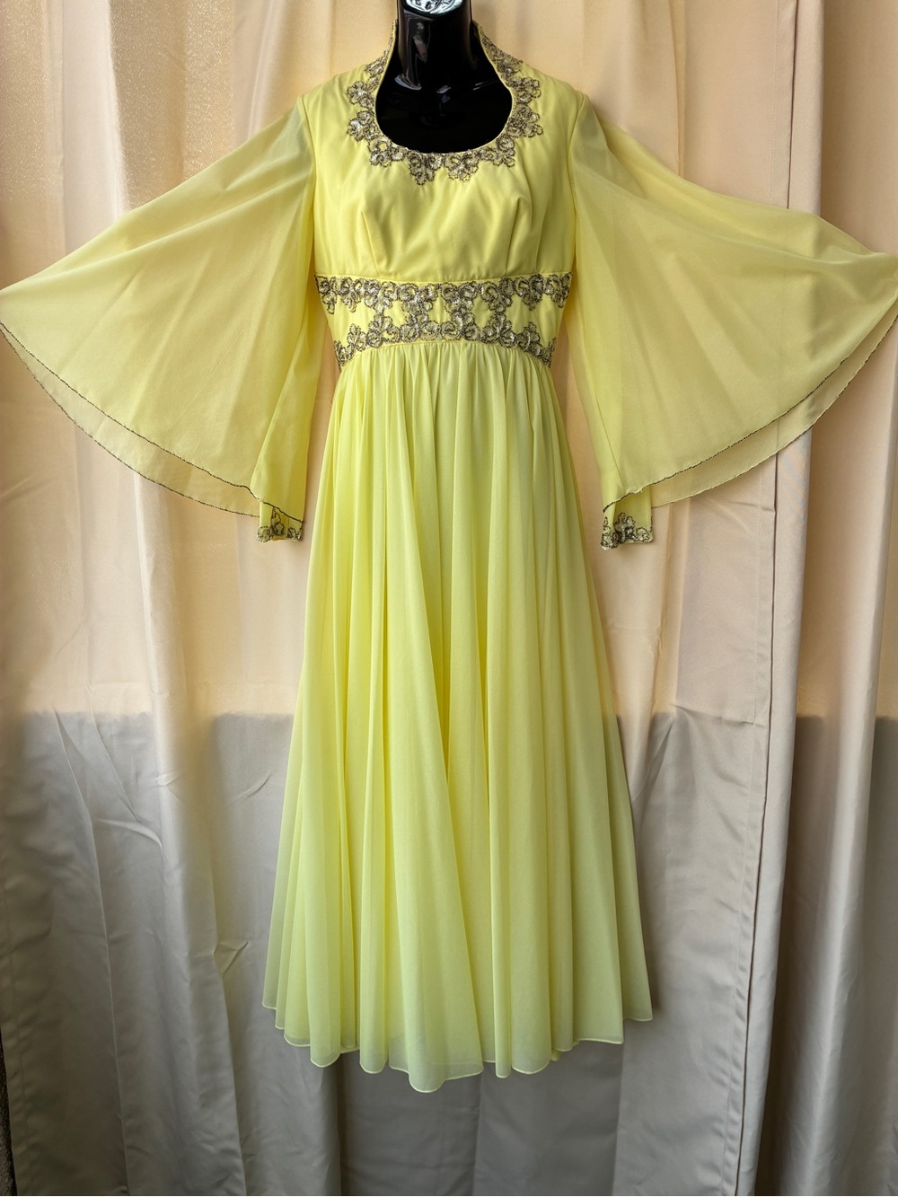 Vintage 1970s Mike Benet Queen Anne Angel Sleeve Beaded Hostess Dress Gown